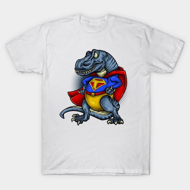 Super T-Rex Illustrated Dinosaur Superhero Design T-Shirt by Jarecrow 